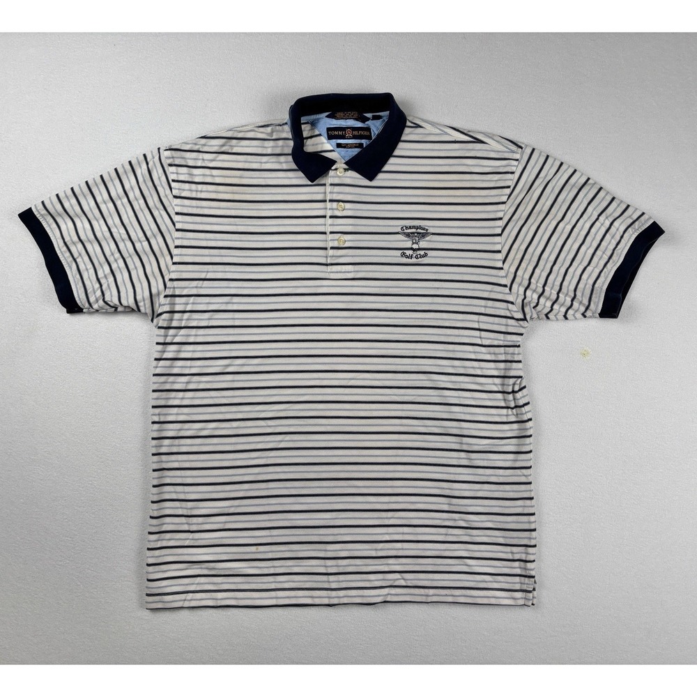 Tommy Hilfiger Golf Club Polo Shirt Men's Medium Navy Striped 100% Cotton‎